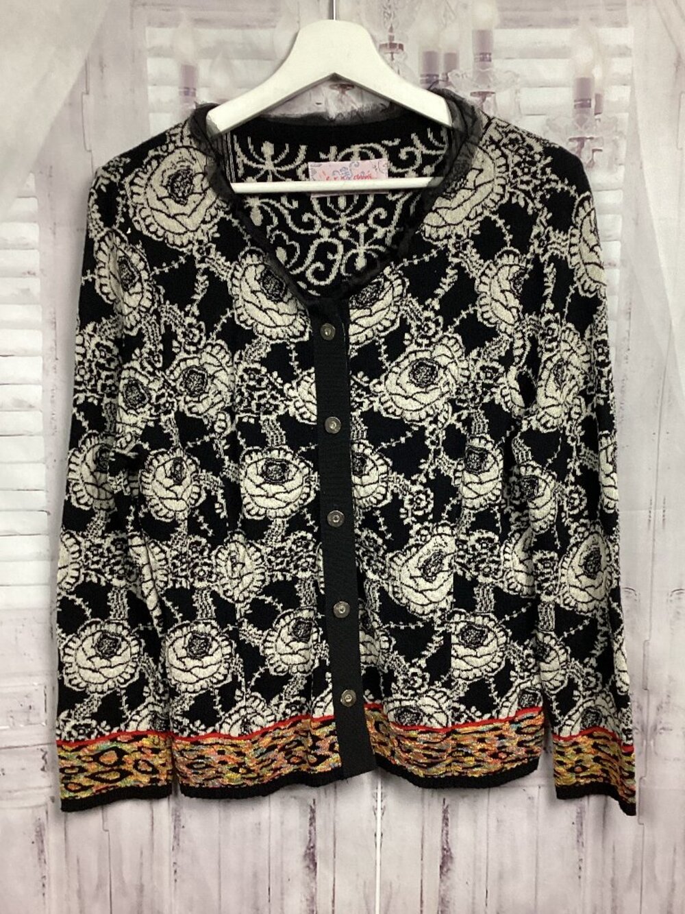 Eva & Claudi Floral Silk Collar Cardigan Button UP M